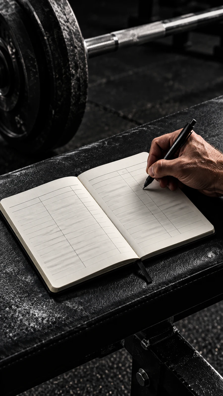 Training log beside a loaded barbell