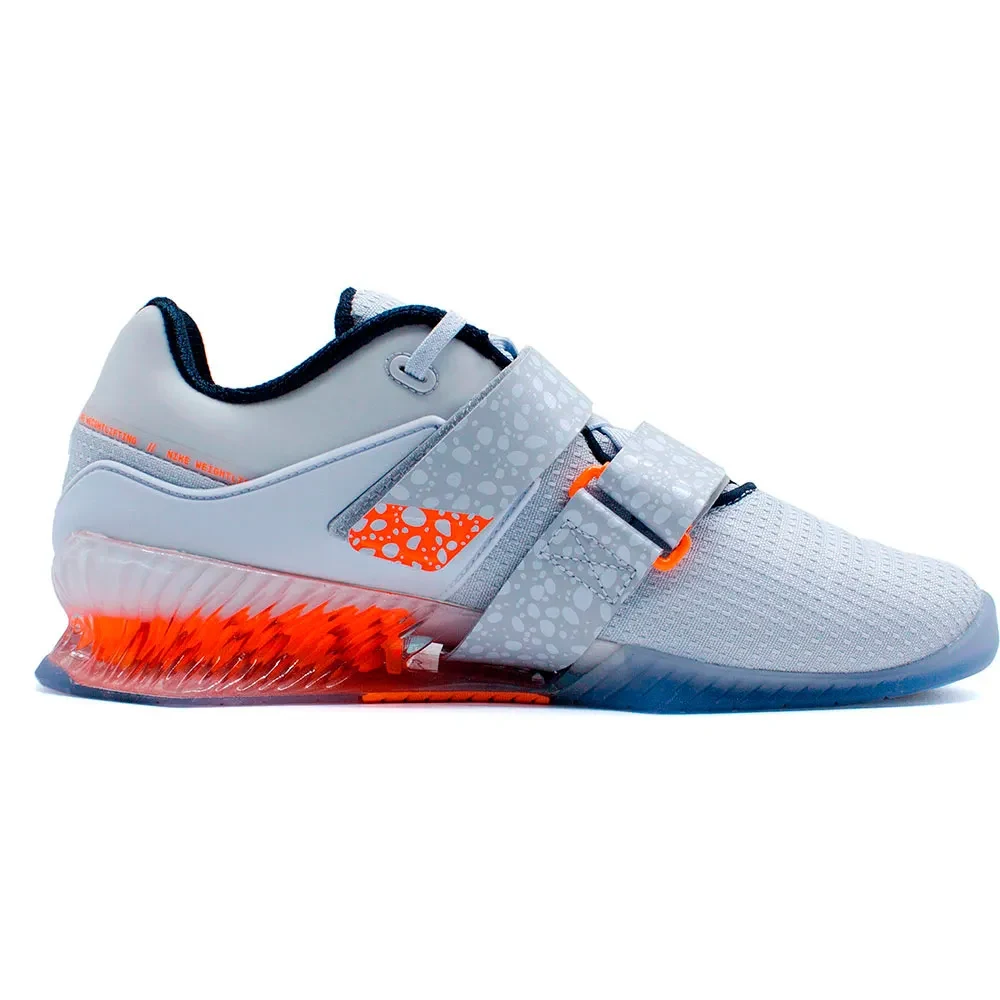 Grey and orange weightlifting shoe