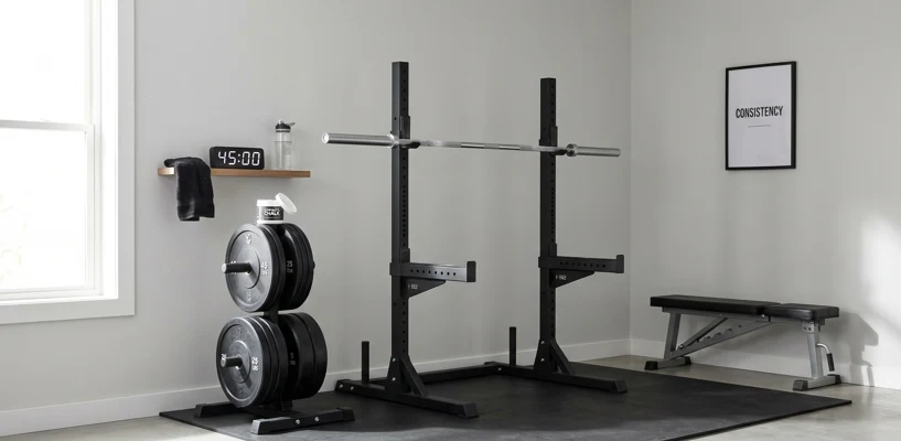 Home gym with squat stands, barbell and bench