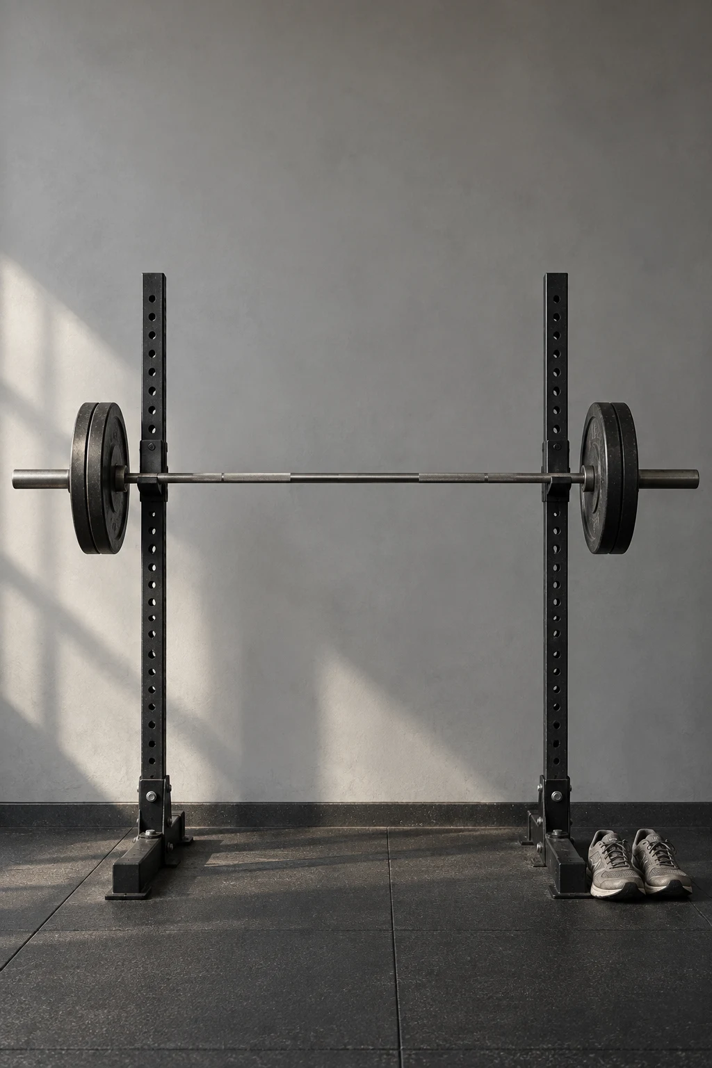 Barbell on squat stands beside training shoes