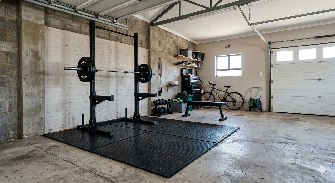 Garage gym with barbell rack and bench