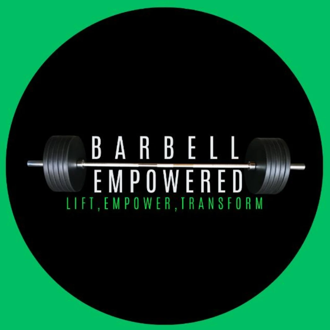 Barbell Empowered logo: circular badge with photographic barbell and green ring, strength coaching for masters runners